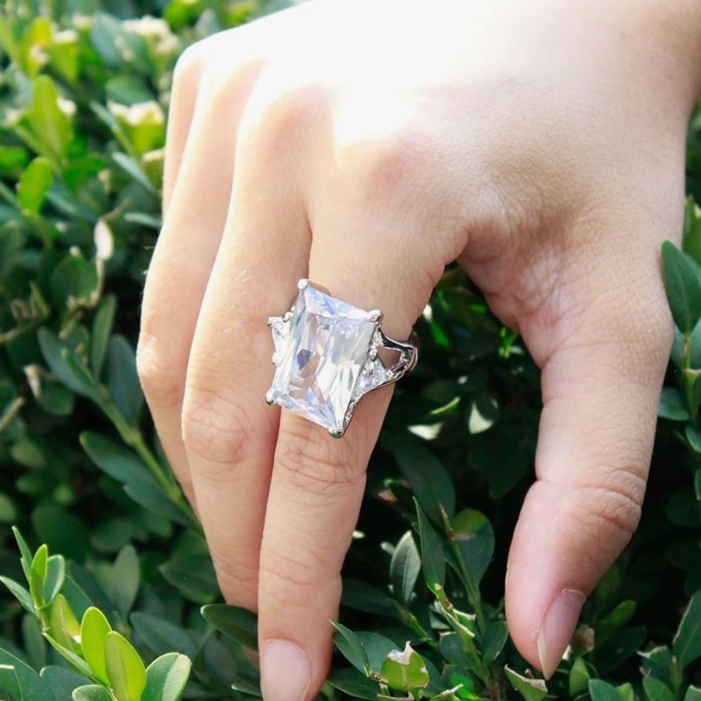 Radiant Cut Diamond Statement Ring 14K White Gold Plated Stretch Cocktail Ring